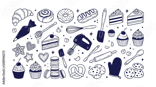 Obraz na płótnie Bakery doodle vector set, hand-drawn pastry and baking tools collection, sweet d