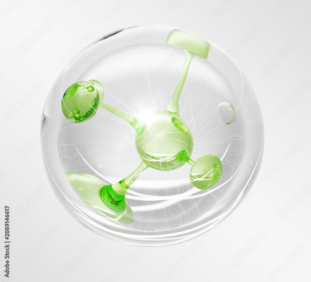 Obraz premium 3D green molecule in transparent liquid bubble. Aloe vera gel cream drop, matcha tea moisture serum, olive oil cleanser, herbal shampoo. Natural cosmetic ball sphere for skin care. 3D illustration