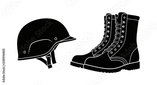Fotografía Black and white illustration of a helmet with helmet pair boots accessories equi