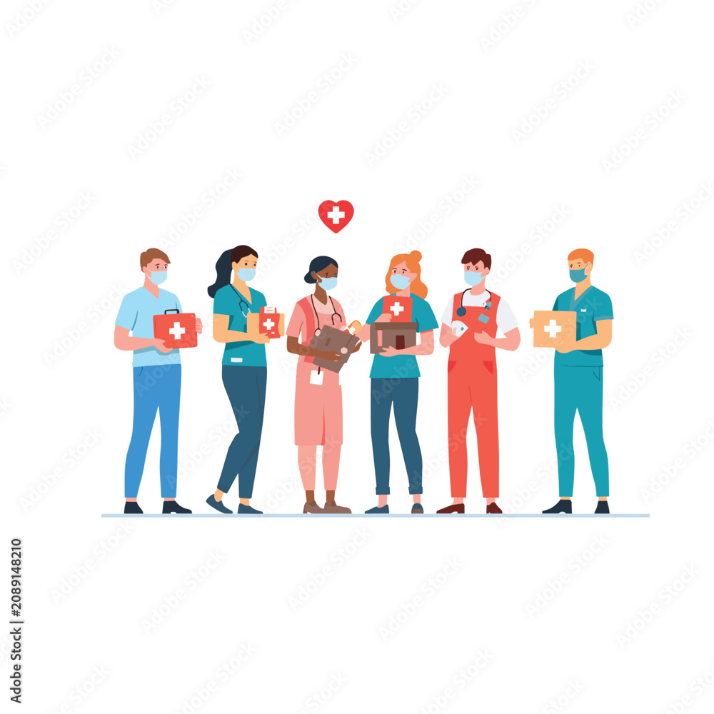 Obraz premium Diverse Healthcare Team Holding First Aid Kits and Medical Supplies Flat Vector Illustration