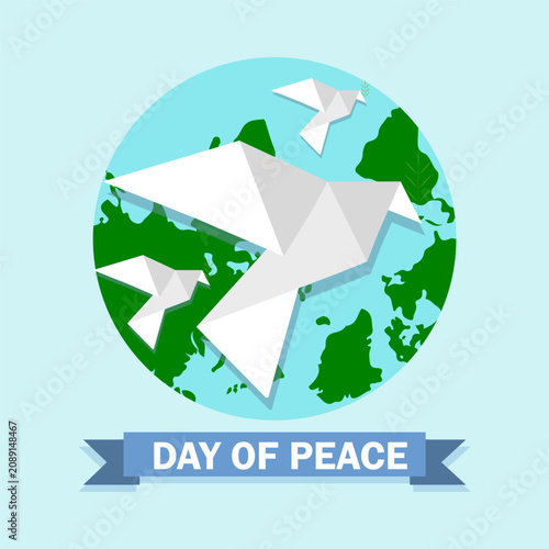 International Day of Peace illustration with white origami paper doves flying over a green and blue earth globe map.
