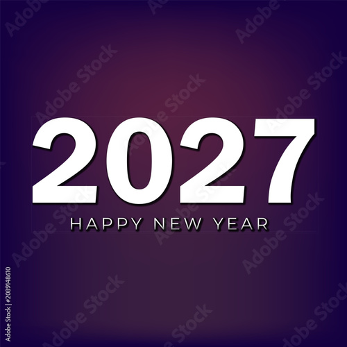 Happy New Year 2027 greeting card with bold white numbers on deep purple gradient background for festive holiday celebrations.

