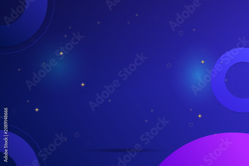 Abstract blue and purple background featuring modern geometric circles with glowing light flares and sparkling golden dust particles design.
