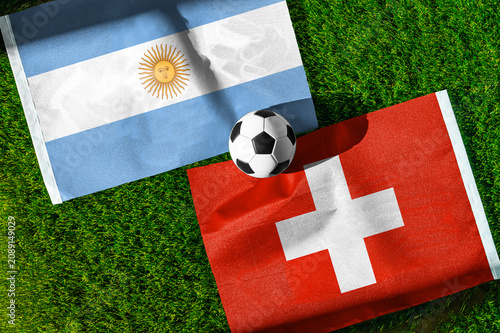 Argentina vs Switzerland, Quarterfinals, national flags before international football match, football on green grass with stadium in the background, Arrowhead Stadium, Kansas City, July 11, 2026.
