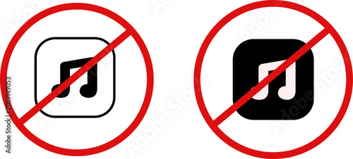 No music or no sound icon sign templates on white background, red prohibition symbol with outline and solid musical note icons, warning notice vector graphic elements