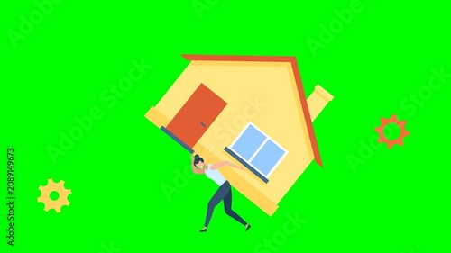 Woman paying bills monthly house expense. Girl with payment schedule pay money for interest rate, fees, principal, financial bills by month period. Debt, loan, house rent. 2D animation. Alpha channel