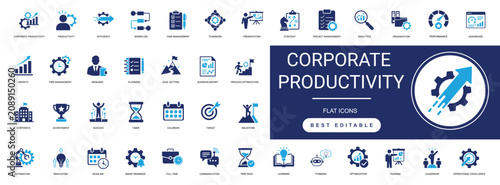 corporate productivity solid icon set featuring workflow, efficiency, task management, planning, dashboard, business strategy, performance, and teamwork. editable vector illustration collection.