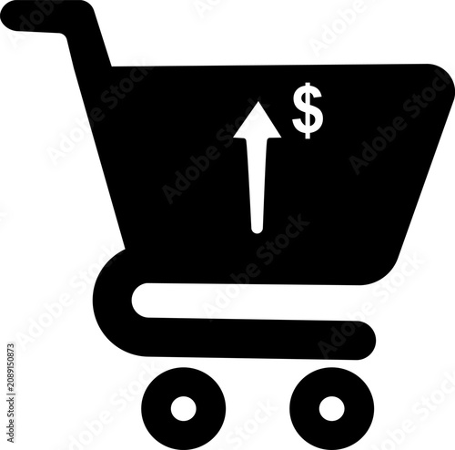 Shopping cart black icon with an upward arrow and a dollar sign, concept of rising prices and inflation, vector symbol of economic growth or expensive grocery costs