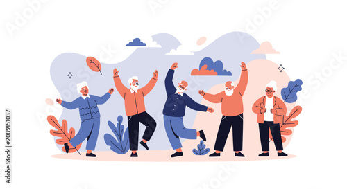 Group of happy active senior citizens dancing and exercising together with a colorful abstract background.