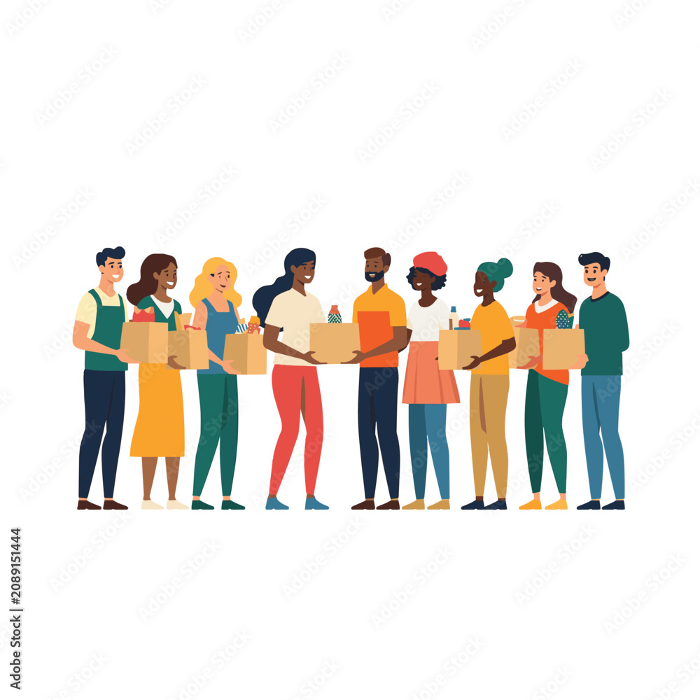 Fototapeta premium Diverse Community Volunteers Distributing Food Donation Boxes Together Flat Vector Illustration