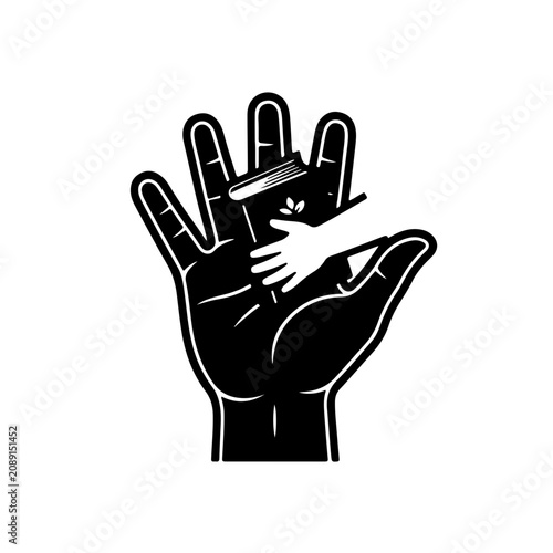 black and white icon showing strong adult hands forming a supportive platform for a child’s hands holding a book, symbolizing mentorship, foundation, and the power of education as a bridge to a better