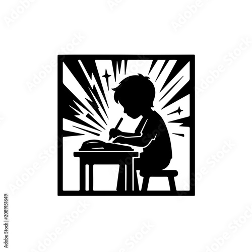 minimalist black and white icon of an open book emitting a radiant light, symbolizing literacy as a beacon of hope and guidance for a child's future development.
 
