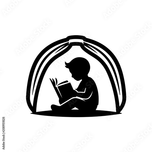 black and white silhouette of a child sitting protected under a large, shield-like open book, symbolizing education as a safeguard against exploitation and a foundation for a brighter future.
