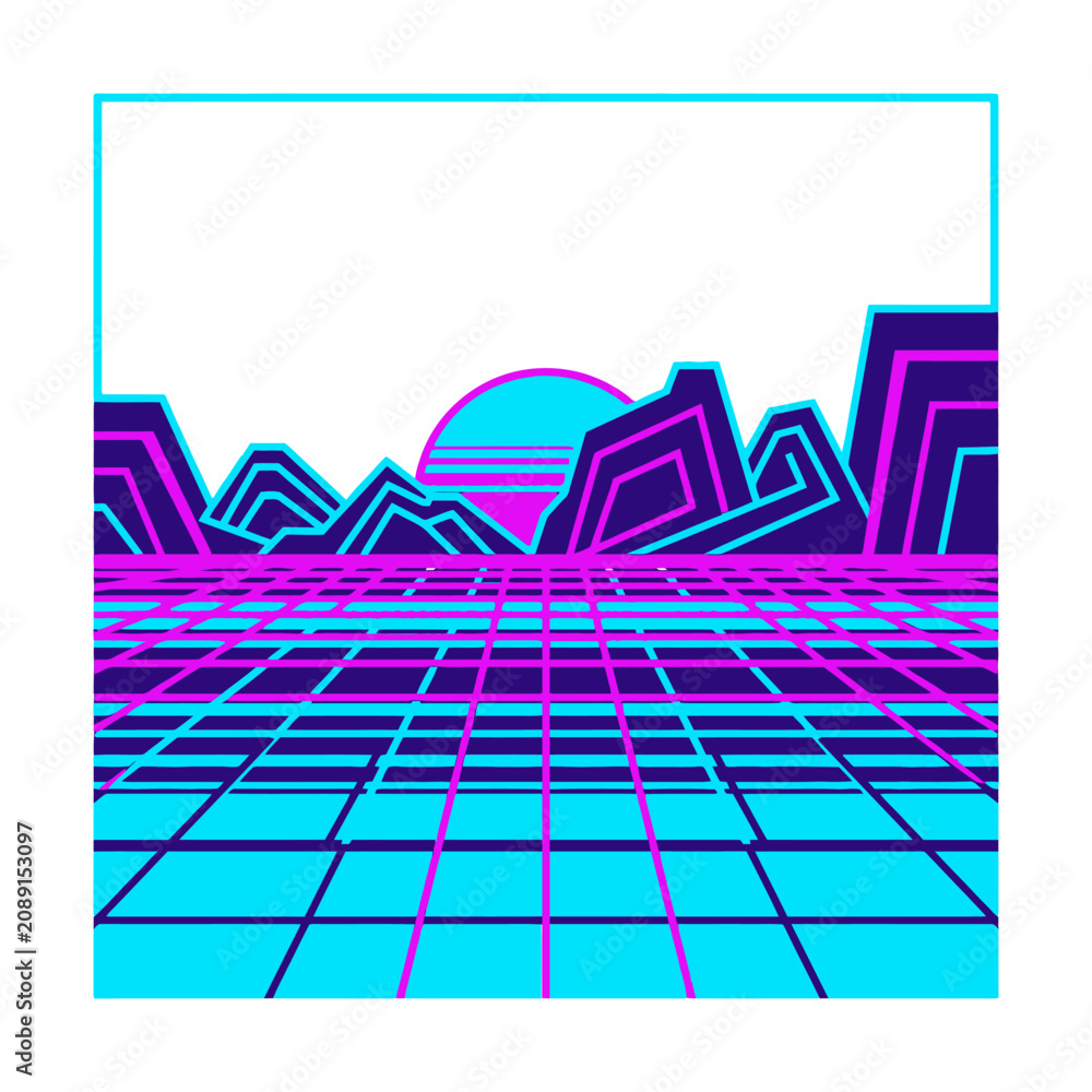 Naklejka premium Neon grid landscape with retro mountains and a glowing sun