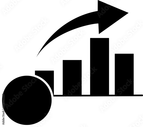 Financial growth bar chart diagram with dollar coin vector illustration, business economy success graph with rising arrow pointer, investment wealth increase graphic element