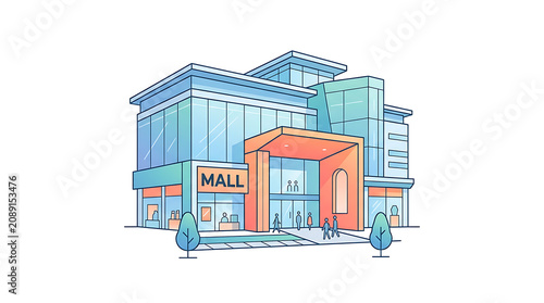 Isometric view of a shopping mall building with glass windows, orange entrance canopy, and people walking towards the doors on white background