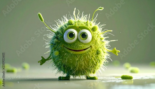 A whimsical 3D illustration of a friendly cute green fuzzy microbe character smiling and standing against a soft neutral blurred background.