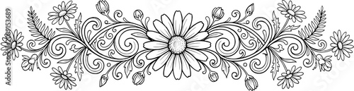 Intricate black and white floral border design with central daisy motif.
