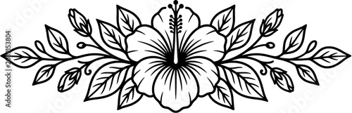 Black and white floral hibiscus flower line art design.