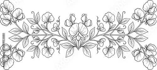 Intricate black and white floral border design with leaves and buds.
