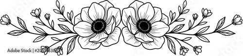 Elegant black and white floral line art design.