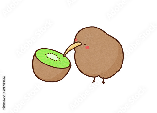 Foto Kiwi bird pecking at a kiwi fruit, New Zealand wildlife or exotic nature concept