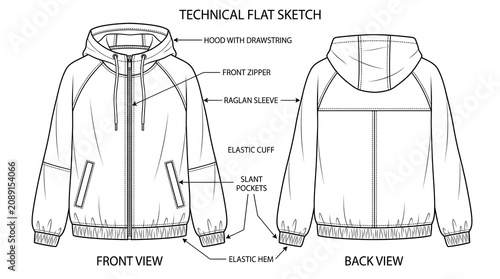 Hooded Windbreaker Technical Flat Sketch, Front and Back View Fashion Template, Vector Line Art Illustration for Tech Pack Design