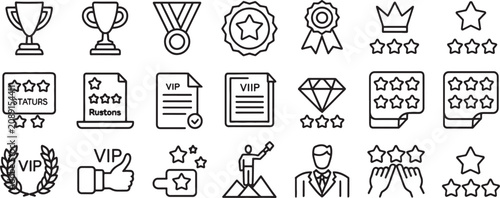 Trophy Medal and Vip Badge Icons Set with Stars, Certificates, Laurel and Diamond Vector Line Art Featuring Certificate, Crown
