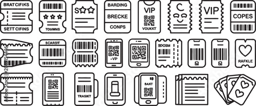 Ticket Barcode Set with Vip Icons Qr Codes and Coupon Style Labels for Event Access and Offers Vector Design