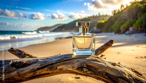 Luxury glass perfume bottle placed on a piece of driftwood on a tropical beach during a sunny day with ocean waves and clear blue sky background.