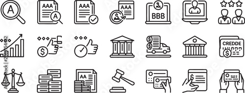 Finance and Banking Icons Set with Magnifier, Documents, Credit, Rating Stars, Cash and Balance Concepts