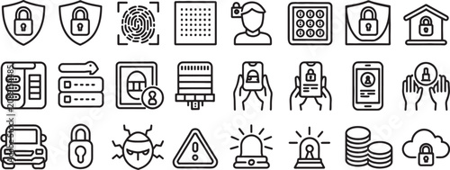 Cyber Security Icons Set with Shields, Locks, Authentication Users and Warning Symbols for Digital Protection Design