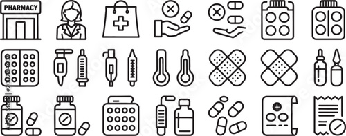Pharmacy Medical Icons Set with Line Style Storefront, Healthcare Symbols, Prescription Bottles, Pills, Thermometer