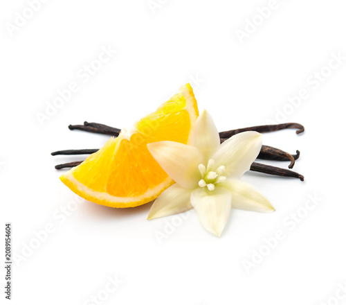 Vanilla pods with oranges fruits slick