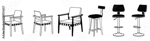Selection of modern chair and bar stool silhouettes in different styles for interior design projects isolated on transparent background.