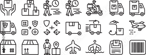 Bild auf Leinwand Logistics Icons Set with Delivery Trucks, Warehouses, Maps, Clocks, and Parcel S