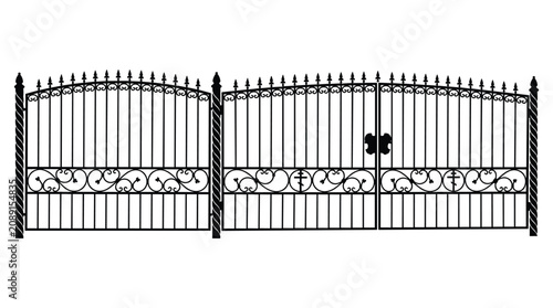 Ornate wrought iron gate design with spiral pillars and intricate scrollwork patterns for luxury estate entrance and garden security fencing.