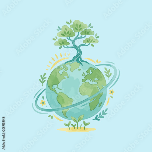 Watercolor illustration of a green tree growing on the globe