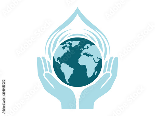 Two hands holding the planet earth inside a water droplet