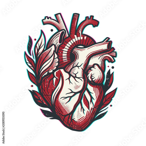 An illustration of a stylized anatomical human heart with leaves