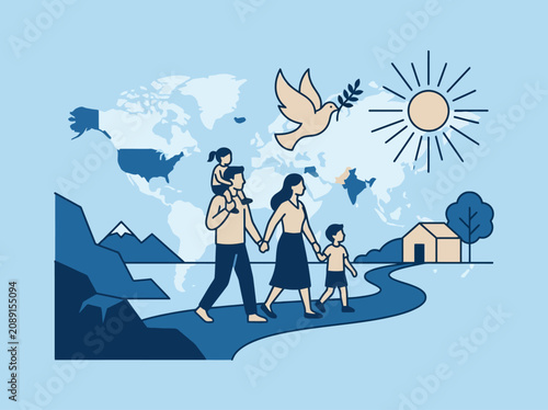 Vector illustration of a family walking under a peace dove