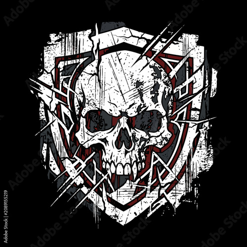 A distressed skull graphic on a shield emblem over black