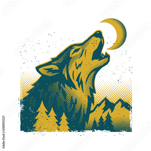 Retro style illustration of a wolf howling at the moon