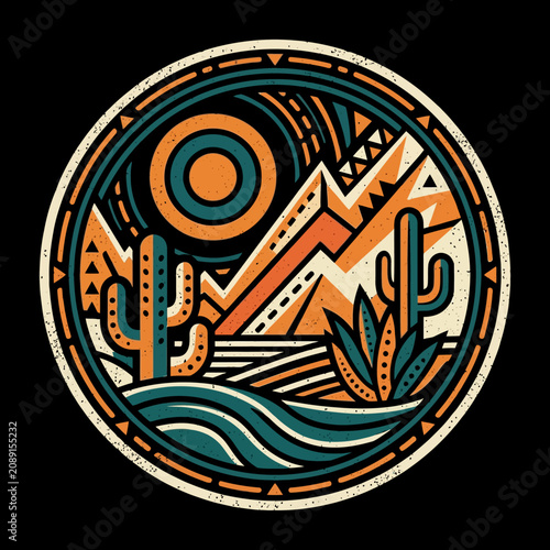 Retro circular emblem depicting a stylized desert landscape