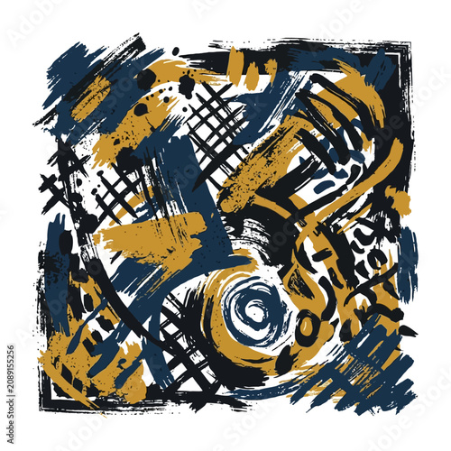 Abstract expressionist painting with blue and gold brushstrokes