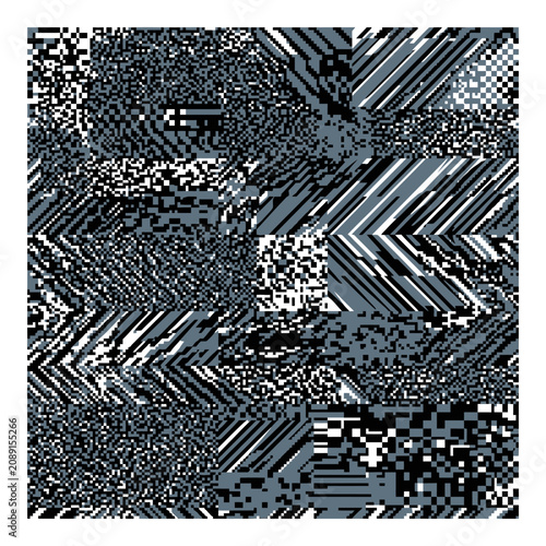 A monochrome digital glitch pattern with pixelated noise