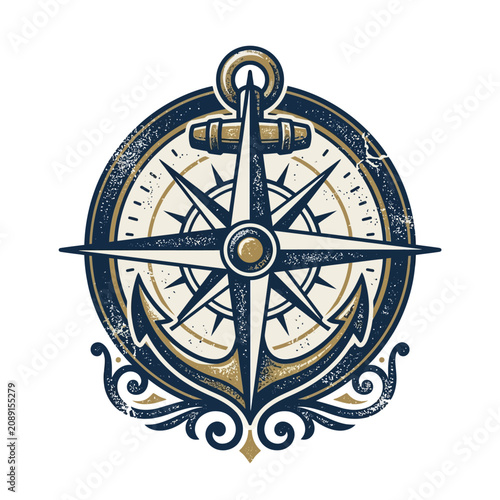 Vintage nautical compass rose and anchor emblem illustration