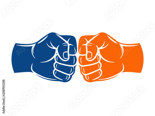 Blue and orange fists bumping against a white background