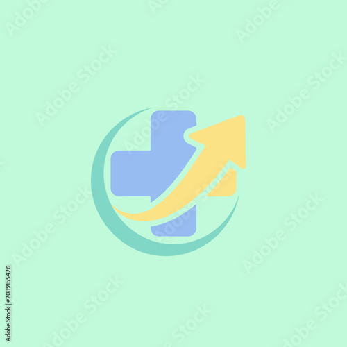 Medical cross logo with an upward arrow on green background