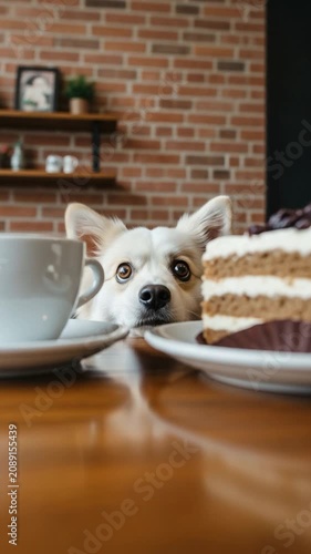 Cute fluffy white dog staring at a slice of cake and coffee on a wooden table in a cozy cafe setting representing temptation and pet love